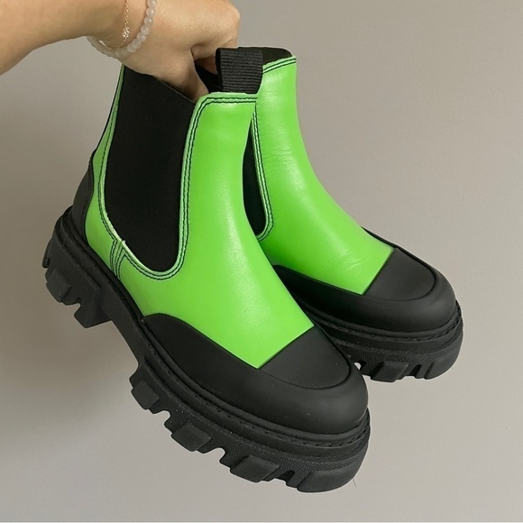 GANNI Flash Green Leather Chunky Ankle Rubber Lug Boots - 5 - Picture 2 of 6